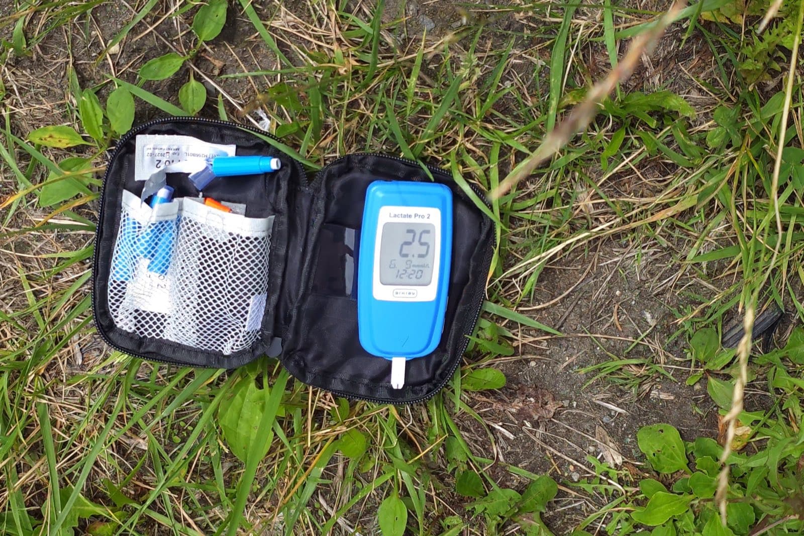 Lactate Pro 2 meter with test strips laid out ready for testing